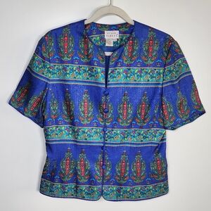 Adrianna Papell Vintage Blue Oriental 100% Silk Button Front Blouse 10